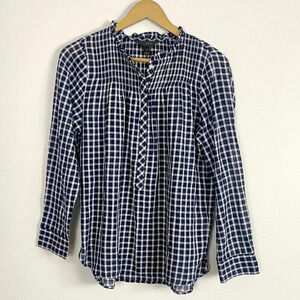 J. Crew Blue and White Gingham Pleated Ruffle Blouse